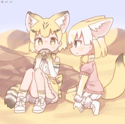 Rule 34 | 10s, 2girls, animal ears, blonde hair, blue sky, bow, bowtie, brown eyes, cat ears, cat tail, colo (frypan soul), dated, day, desert, eating, elbow gloves, extra ears, fennec (kemono friends), food, fox ears, fox tail, frilled skirt, frills, fur trim, gloves, highres, holding, holding food, japari bun, kemono friends, looking at another, miniskirt, multiple girls, muted color, outdoors, pink sweater, print gloves, print legwear, print skirt, sand cat (kemono friends), sand cat print, shirt, short hair, short sleeves, sitting, skirt, sky, sleeveless, sleeveless shirt, smile, sweater, tail, wariza, white gloves, white skirt, yellow eyes, yellow legwear, yellow neckwear
