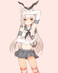 Rule 34 | 10s, 1girl, anchor, armpits, black panties, elbow gloves, gloves, hairband, homua, kantai collection, long hair, looking at viewer, navel, panties, personification, shimakaze (kancolle), skirt, solo, striped clothes, striped thighhighs, thighhighs, underwear, white hair, yellow eyes