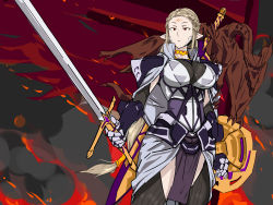 Rule 34 | 1girl, absurdres, armor, blonde hair, elf, facial hair, female knight, fire, gauntlets, ginzou, highres, holding, holding sword, holding weapon, knight, long hair, original, pointy ears, red eyes, shield, shoulder armor, smoke, solo, sword, weapon