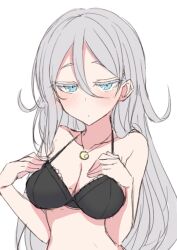Rule 34 | 1girl, absurdres, bare arms, bare shoulders, black bra, blue eyes, blush, bra, breasts, cleavage, closed mouth, collarbone, colored eyelashes, commentary request, crescent, grey hair, hair between eyes, half-closed eyes, hands up, highres, long hair, looking at viewer, medium breasts, nonono (mino), original, simple background, solo, underwear, underwear only, upper body, very long hair, white background