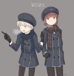 Rule 34 | 10s, 2girls, adapted costume, beret, black gloves, black legwear, blue eyes, blush, breath, brown eyes, brown hair, character name, clothes writing, coat, gloves, hat, kantai collection, kawashina (momen silicon), multiple girls, open mouth, pantyhose, sailor hat, scarf, short hair, silver hair, simple background, smile, z1 leberecht maass (kancolle), z3 max schultz (kancolle)
