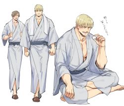 Rule 34 | 2boys, bara, barefoot, blonde hair, blue kimono, blush, brown hair, closed eyes, closed mouth, food, holding, holding food, indian style, jack krauser, japanese clothes, kimono, leon s. kennedy, male focus, messy hair, multiple boys, muscular, muscular male, open mouth, resident evil, resident evil: the darkside chronicles, resident evil 4, sash, short hair, simple background, sitting, slippers, smile, tatsumi (psmhbpiuczn), towel, towel around neck, translation request