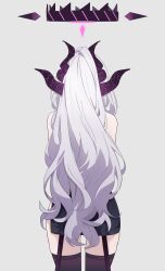 Rule 34 | 1girl, absurdres, back, bare shoulders, black thighhighs, blue archive, commentary, cowboy shot, demon girl, demon horns, demon wings, english commentary, from behind, genso (thereisnosauce), grey hair, halo, highres, hina (blue archive), horns, long hair, pencil skirt, side slit, simple background, skirt, solo, thighhighs, thighs, very long hair, wavy hair, wings, zettai ryouiki