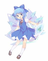 Rule 34 | 1girl, :d, black footwear, blue bow, blue dress, blue eyes, blue hair, bow, cirno, cirno day, collared shirt, dress, frog, full body, hair bow, highres, ice, ice wings, looking at viewer, open mouth, pinafore dress, puffy short sleeves, puffy sleeves, red neckwear, shirt, short hair, short sleeves, simple background, sleeveless dress, smile, socks, solo, tororobin, touhou, white background, white shirt, white socks, wings