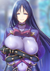 Rule 34 | 1girl, arm guards, black gloves, blurry, blurry background, bodysuit, breast hold, breasts, chromatic aberration, cleavage, commentary request, covered navel, crossed arms, depth of field, covered erect nipples, fate/grand order, fate (series), gloves, half-closed eyes, highres, huge breasts, japanese clothes, long hair, looking at viewer, minamoto no raikou (fate), outdoors, puffy nipples, purple eyes, purple hair, rope, skin tight, smile, solo, suzuki nene, very long hair