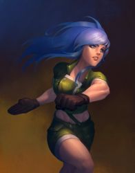Rule 34 | 1girl, black gloves, blue eyes, blue hair, brown gloves, clenched hand, clenched teeth, commentary, english commentary, floating hair, gabriel zanini, gloves, green jacket, green shorts, high ponytail, highres, jacket, leona heidern, long hair, looking ahead, midriff, military, military uniform, muscular, muscular female, painting (action), parted lips, ponytail, running, shorts, smile, snk, solo, teeth, the king of fighters, twisted torso, uniform