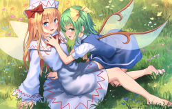 Rule 34 | 2girls, barefoot, blue dress, blue eyes, blush, bow, daiyousei, dress, grass, green eyes, hair between eyes, hand on another&#039;s chest, hat, lily white, long hair, long sleeves, looking at viewer, multiple girls, on ground, open mouth, ponytail, red bow, red neckwear, roke (taikodon), short hair, short sleeves, sitting, smile, touhou, white dress, white headwear, white sleeves, wings, yuri