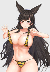 Rule 34 | 1girl, absurdres, alternate costume, animal ears, atago (azur lane), azur lane, bikini, breasts, brown hair, cleavage, cowboy shot, extra ears, grey background, highres, large breasts, long hair, looking at viewer, navel, ojisan f, pulled by self, simple background, skindentation, smile, solo, strap pull, string bikini, swimsuit, tiger stripes, very long hair, yellow eyes
