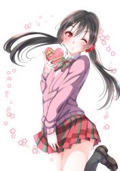 Rule 34 | 1girl, absurdres, black footwear, black hair, black socks, blush, bow, bowtie, box, cardigan, collared shirt, floating hair, gift, gift box, hair ornament, hair scrunchie, heart-shaped box, highres, holding, holding box, kneehighs, kobayashi nyoromichi, loafers, long hair, long sleeves, looking at viewer, love live!, love live! school idol project, low twintails, miniskirt, one eye closed, pink cardigan, pleated skirt, red eyes, red scrunchie, school uniform, scrunchie, shirt, shoes, skirt, socks, solo, standing, striped bow, striped bowtie, striped clothes, striped neckwear, twintails, very long hair, white background, white shirt, wing collar, yazawa nico