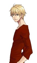 Rule 34 | 1boy, arthur pendragon (fate), blonde hair, blue eyes, casual, dm (kwonsj88), fate/prototype, fate (series), green eyes, kwonsj88, male focus, short hair, simple background, solo, white background