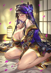 Rule 34 | 1girl, bare shoulders, barefoot, bed, blurry, blurry background, blush, breasts, butterfly hair ornament, cleavage, clothes lift, collarbone, cover, cover page, door, ear focus, falling petals, hair ornament, hand up, highres, huge breasts, japanese clothes, kichou-sama wa kokurasetai nobunaga sougyouki 1549, kimono, kimono lift, lips, long hair, looking at viewer, looking to the side, mole, mole under mouth, no bra, novel cover, novel illustration, obi, official art, open mouth, original, petals, pink eyes, purple eyes, purple hair, purple lips, sash, senri gan, shiny skin, sitting, sweat, sweatdrop, teeth, thighs, very long hair, wet