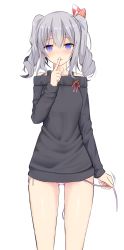 Rule 34 | 10s, 1girl, bare shoulders, blue eyes, bow, collarbone, cowboy shot, curly hair, eyebrows, finger to mouth, grey hair, hair bow, kantai collection, kashima (kancolle), looking at viewer, panties, panty peek, pantyshot, pink panties, side-tie panties, simple background, solo, standing, strap, sweater, takeyuu, twintails, underwear, untied, white background