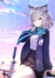 Rule 34 | 1girl, animal ear fluff, animal ears, assault rifle, black gloves, black skirt, blazer, blue archive, blue eyes, blue jacket, blue scarf, breasts, cat ears, cloud, commentary, gloves, grey hair, gun, hair ornament, halo, hand up, highres, jacket, long sleeves, looking at viewer, nekoya (liu), open clothes, open jacket, outdoors, pleated skirt, revision, rifle, scarf, school uniform, shiroko (blue archive), shirt, sig sauer, sig sauer 556, signature, single glove, skirt, sky, small breasts, solo, sunset, twitter username, weapon, white shirt