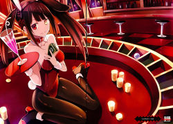 Rule 34 | 10s, 1girl, absurdres, animal ears, artist request, black hair, black pantyhose, costume, date a live, fake animal ears, female focus, heterochromia, highres, leotard, pantyhose, playboy bunny, rabbit ears, red eyes, red leotard, roulette table, sitting, solo, strapless, strapless leotard, symbol-shaped pupils, table, tokisaki kurumi, tray, twintails, yellow eyes