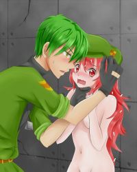 Rule 34 | 1boy, 1girl, bad id, bad pixiv id, beret, blush, censored, convenient censoring, couple, flaky (happy tree friends), flippy (happy tree friends), gloves, green hair, happy tree friends, hat, hetero, long hair, navel, nude, personification, red eyes, red hair, short hair, shy, sweatdrop, uniform, wavy mouth, yellow eyes