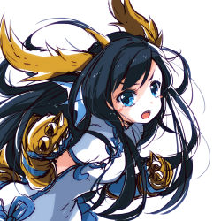 Rule 34 | 1girl, black hair, blue eyes, blush stickers, brass knuckles, china dress, chinese clothes, dragon girl, dragon horns, dress, fins, gloves, head fins, highres, horns, karin (p&amp;d), long hair, open mouth, pikomarie, puzzle &amp; dragons, solo, weapon, white background