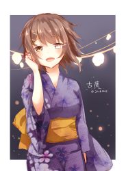 Rule 34 | 10s, 1girl, alternate costume, artist name, breasts, brown eyes, brown hair, character name, commentary request, floral print, furutaka (kancolle), glowing, glowing eye, hair ornament, hairclip, heterochromia, highres, japanese clothes, kantai collection, kimono, lights, long sleeves, looking at viewer, short hair, smile, solo, yellow eyes, yukata, zarathurtra
