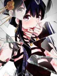 Rule 34 | absurdres, black hair, blood, earrings, glass shards, highres, jewelry, licking, lipstick, looking at viewer, makeup, nail polish, spy x family, yor briar