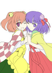 Rule 34 | 2girls, absurdres, apron, bell, checkered clothes, checkered kimono, cheek-to-cheek, clothes writing, dais go, female focus, flower, hair bell, hair flower, hair ornament, heads together, hieda no akyuu, highres, holding hands, interlocked fingers, japanese clothes, kimono, motoori kosuzu, multiple girls, one eye closed, open mouth, orange hair, purple eyes, purple hair, short hair, smile, touhou, twintails, two side up, wide sleeves, wink, yuri