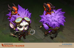 Rule 34 | 1boy, animal, animal on head, artist name, black eyes, brown gloves, character name, dragon, dragon trainer heimerdinger, full body, gloves, goggles, goggles on head, heimerdinger, highres, holding, holding scroll, horns, league of legends, looking at viewer, magnifying glass, multiple views, official alternate costume, on head, pink hair, scroll, standing, vladbacescu, watermark, web address, wings, yordle