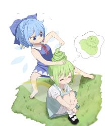 Rule 34 | 2girls, adjusting another&#039;s hair, alternate hairstyle, blue dress, blue eyes, blue hair, bow, cirno, daiyousei, dress, esthoric, closed eyes, flower, frustrated, grass, green hair, hair bow, happy, highres, ice, ice wings, knees to chest, mary janes, multiple girls, shirt, shoes, short hair, short sleeves, simple background, sitting, sleeping, smile, spread legs, touhou, white background, wings