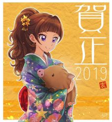 Rule 34 | 1girl, 2019, alternate hairstyle, amanogawa kirara, animal, artist request, boar, brown hair, earrings, eyelashes, go! princess precure, hair ornament, hair up, happy, holding, japanese clothes, jewelry, kimono, long hair, new year, orange background, ponytail, precure, purple eyes, signature, smile, solo, source request, standing, star (symbol), star earrings, translation request