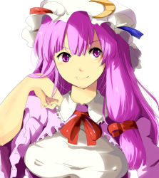 Rule 34 | 1girl, female focus, hat, magukappu, neck ribbon, patchouli knowledge, purple eyes, purple hair, ribbon, shirt, smile, solo, taut clothes, taut shirt, touhou, upper body