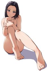 Rule 34 | 1girl, :o, barefoot, black hair, breasts, collarbone, convenient censoring, convenient leg, eyelashes, feet, foreshortening, full body, grey eyes, head tilt, highres, knees to chest, hugging own legs, leg up, looking at viewer, matsunaga kouyou, nude, original, parted lips, short hair, simple background, sitting, solo, toes, tsurime, white background