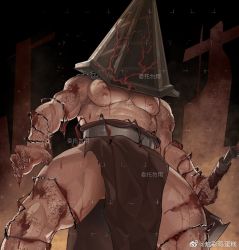 Rule 34 | 1boy, abs, bara, blood, blood on hands, caiothevici, helmet, holding, holding sword, holding weapon, large pectorals, loincloth, male focus, monster, muscular, muscular male, navel, nipples, pectorals, pyramid head, silent hill (series), silent hill 2, solo, sword, thick thighs, thighs, topless male, weapon, weibo logo, weibo watermark