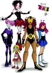 Rule 34 | 5girls, antenna hair, argent, belt, black footwear, black hair, black legwear, blonde hair, blue eyes, blue skirt, blush, boots, brown hair, cape, capelet, cartoon network, child, choker, colored skin, copyright name, curly hair, dark-skinned female, dark skin, dc comics, detached sleeves, fingerless gloves, flying, gloves, grey skin, hands on own hips, jinx (dc), kole, leotard, lipstick, long hair, long sleeves, makeup, mask, melvin, multicolored hair, multiple girls, pantha, patterned legwear, pink eyes, pink hair, pink skirt, purple footwear, red eyes, red footwear, red hair, shoes, short hair, skirt, sleeveless, smile, standing, strapless, striped legwear, teen titans, transparent background, twintails, two-tone hair, two-tone stripes, white footwear, white legwear
