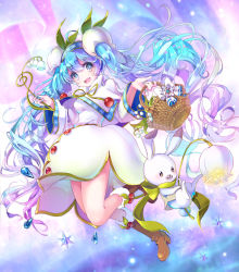 Rule 34 | 1girl, ahoge, basket, blue eyes, blue hair, blue nails, boots, brown footwear, capelet, flower, fur boots, hatsune miku, lily of the valley, long hair, looking at viewer, matching hair/eyes, nail polish, open mouth, rabbit, sakura shiori, snowdrop (flower), snowflake print, solo, twintails, very long hair, vocaloid, yuki miku, yukine (vocaloid)