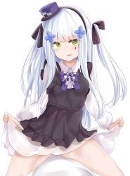 Rule 34 | 1girl, absurdres, alternate hairstyle, black ribbon, blush, bow, bowtie, checkered bow, checkered bowtie, checkered clothes, checkered neckwear, child, clothes lift, dress, dress lift, facial mark, fang, girls&#039; frontline, green eyes, hair ornament, hair ribbon, hairband, hat, head tilt, heart, heart-shaped pupils, highres, hk416 (black kitty&#039;s gift) (girls&#039; frontline), hk416 (girls&#039; frontline), lifting own clothes, long hair, looking at viewer, mini hat, official alternate costume, open mouth, purple hat, ribbon, ru zhai, sidelocks, silver hair, socks, solo, sweat, symbol-shaped pupils, teardrop, thighs, twintails, wavy mouth, white background