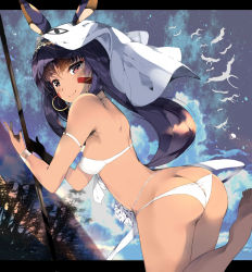 Rule 34 | 1girl, animal ears, ass, back, bare shoulders, bikini, blanket, blue sky, bracelet, breasts, butt crack, closed mouth, covered erect nipples, dark-skinned female, dark skin, earrings, facepaint, facial mark, fate/grand order, fate (series), from side, hairband, hands up, highres, hip focus, hoop earrings, jackal ears, jewelry, kyuu (plastic night q), leg up, letterboxed, long hair, looking at viewer, low-tied long hair, medjed (fate), night, night sky, nitocris (fate), nitocris (fate/grand order), nitocris (swimsuit assassin) (fate), nitocris (swimsuit assassin) (third ascension) (fate), outdoors, purple eyes, purple hair, sidelocks, sky, small breasts, smile, solo, standing, standing on one leg, star (sky), starry sky, swimsuit, thighs, tree, twisted neck, very long hair, white bikini, wristband