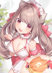 Rule 34 | 1girl, :d, absurdres, animal ears, bow, breasts, brown hair, butter, cat ears, cleavage, detached sleeves, food, fruit, hair bow, hairband, highres, holding, holding plate, looking at viewer, maid, medium breasts, open mouth, original, pancake, paru (parucom), paw pose, plate, red bow, red eyes, red hairband, red skirt, school uniform, skirt, smile, strawberry, uniform