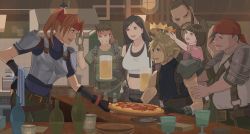 Rule 34 | 3girls, 4boys, :d, ^ ^, alcohol, arm grab, armor, bandana, bar (place), barret wallace, beard, beer, beer mug, belt buckle, biggs (ff7), birthday, black shirt, blonde hair, blouse, blue eyes, blunt bangs, boobplate, bottle, breastplate, breasts, brown eyes, brown footwear, brown hair, buckle, chainmail, clenched hand, closed eyes, cloud strife, collarbone, crop top, crown, cup, dark skin, earrings, elbow gloves, eye contact, facial hair, father and daughter, final fantasy, final fantasy vii, final fantasy vii remake, fingerless gloves, fingernails, food, gloves, green pants, green shirt, grin, hand on own hip, headband, highres, holding, holding person, holding tray, indoors, jessie rasberry, jewelry, kitchen, lamp, large breasts, light, long hair, looking at another, marlene wallace, midriff, mug, multiple boys, multiple girls, muscular, onion, open mouth, pants, pink shirt, pizza, ponytail, pot, red bandana, red eyes, red headwear, seventh heaven, shillo, shirt, shoes, shoulder armor, sitting, size difference, sleeveless, sleeveless jacket, sleeveless turtleneck, smile, spiked hair, square enix, standing, striped towel, t-shirt, taut clothes, teeth, thumbs up, tifa lockhart, towel, tray, turtleneck, wedge (ff7), white shirt