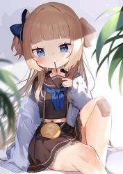 Rule 34 | 1girl, bad id, bad pixiv id, bandaid, bandaid on knee, bandaid on leg, blonde hair, blue bow, blue eyes, blue neckerchief, blunt bangs, blush, bow, brown sailor collar, brown serafuku, brown shirt, brown skirt, cardigan, child, closed mouth, food in mouth, hair bow, highres, long hair, looking at viewer, midriff peek, miniskirt, neckerchief, noi mine, off shoulder, original, pleated skirt, pocky, pocky in mouth, sailor collar, school uniform, serafuku, shirt, sitting, skirt, smile, solo, two side up