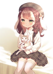 Rule 34 | 1girl, animal, animal ears, animal hug, beret, blush, bow, braid, brown bow, brown hair, brown hat, brown skirt, cat, chitosezaka suzu, closed mouth, collared shirt, commentary request, feet out of frame, frilled skirt, frills, green eyes, hair bow, hat, long hair, long sleeves, original, plaid, plaid headwear, plaid skirt, puffy long sleeves, puffy sleeves, rabbit ears, shirt, sitting, skirt, smile, solo, suspender skirt, suspenders, thighhighs, white shirt, white thighhighs, yellow eyes