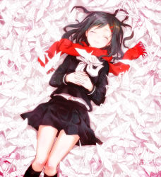 Rule 34 | 1girl, ayano no koufuku riron (vocaloid), black hair, chikaya, closed eyes, fringe trim, hair ornament, hairclip, kagerou project, knees together feet apart, long hair, lying, on back, origami, own hands together, paper, paper crane, red scarf, scarf, school uniform, solo, tateyama ayano, test score, vocaloid