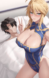 Rule 34 | 1boy, 1girl, absurdres, aqua eyes, artoria pendragon (fate), artoria pendragon (lancer) (fate), bare shoulders, black hair, blonde hair, blue leotard, blush, breasts, cleavage, closed mouth, covered navel, faceless, faceless male, fate/grand order, fate (series), freed turing, guy tired after sex (meme), hair between eyes, hand up, highres, large breasts, leotard, lying, meme, sidelocks, smile, thighs, v