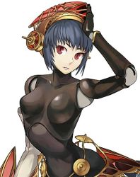 Rule 34 | 1girl, android, arm up, atlus, expressionless, forgotten artist, headdress, looking at viewer, metis (persona), parted lips, persona, persona 3, red eyes, ryman, science fiction, short hair, simple background, solo, white background