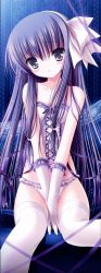 Rule 34 | 1girl, absurdres, bare shoulders, between thighs, blush, bustier, couch, frilled panties, frills, gloves, hair ribbon, highres, lace, lace-trimmed panties, lace trim, lingerie, long hair, long image, midriff, panties, purple eyes, purple hair, ribbon, sitting, solo, tall image, thighhighs, thighs, tinker bell (pixiv 10956015), underwear, v arms