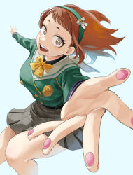 Rule 34 | 1girl, :d, absurdres, boku no hero academia, brown eyes, brown hair, commentary, fengling (furin-jp), green hairband, green jacket, grey skirt, hairband, highres, jacket, looking at viewer, medium hair, open mouth, outstretched arms, pleated skirt, ribbon, skirt, smile, solo, uraraka ochako, yellow ribbon