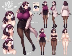Rule 34 | 1girl, ankle boots, beryl (junkpuyo), black bra, black gloves, black panties, black pantyhose, boots, bra, breasts, censored, censored nipples, character name, character profile, character sheet, cleavage, curvy, earmuffs, expressions, full body, gloves, hand in own hair, highres, huge breasts, jewelry, junkpuyo, multiple views, naked towel, nude, off shoulder, original, panties, pantyhose, pencil skirt, purple eyes, purple hair, raincoat, ring, simple background, skirt, sleeveless, sleeveless turtleneck, solo focus, sweater, swept bangs, thigh gap, towel, turnaround, turtleneck, turtleneck sweater, underwear, wedding ring