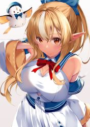 Rule 34 | 1girl, absurdres, bad id, bad pixiv id, blonde hair, blue bow, blush, bow, breasts, brown eyes, cleavage, cleavage cutout, closed mouth, clothing cutout, commentary, cutout above navel, dark-skinned female, dark skin, detached sleeves, elf, elfriend (shiranui flare), from above, hair bow, high ponytail, highres, hololive, kurogane tekki, large breasts, long hair, looking at viewer, miniskirt, multicolored hair, pointy ears, shiranui flare, shiranui flare (1st costume), shirt, skirt, sleeveless, smile, solo, streaked hair, virtual youtuber, white shirt, wide sleeves
