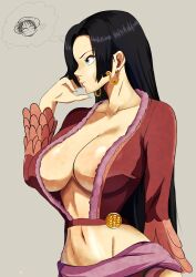 Rule 34 | 1girl, absurdres, black hair, boa hancock, breasts, da hoot, earrings, forehead, highres, jewelry, large breasts, long hair, monkey d. luffy, navel, one piece, stomach, thought bubble