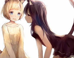 Rule 34 | 2girls, :o, all fours, animal ear fluff, animal ears, black dress, black hair, blonde hair, blue eyes, blush, breasts, cat ears, cat tail, dark-skinned female, dark skin, dress, artistic error, eye contact, looking at another, multiple girls, original, purple eyes, shimada sarasara, short hair, simple background, small breasts, sweater, tail, tan, white background, white sweater