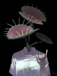 Rule 34 | 1girl, black background, breast pocket, breasts, carnivorous plant, collared shirt, commentary request, dark, dress shirt, facing viewer, hand up, highres, medium breasts, monster girl, object head, original, oversized flower, pinky out, plant, plant girl, pocket, shirt, short sleeves, simple background, solo, string, string of fate, upper body, venus flytrap, white shirt, yiwoo2030
