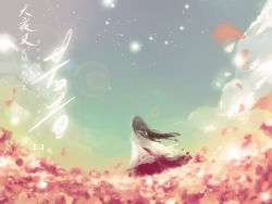 Rule 34 | 1girl, bad deviantart id, bad id, black hair, field, flower, flower field, from behind, inuyasha, japanese clothes, kikyou (inuyasha), long hair, miko, mrsybarite, pale color, sky, solo, star (symbol)