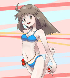 Rule 34 | 1girl, antenna hair, aqua bikini, arched back, arched soles, armpits, arms at sides, ass, barefoot, bikini, breasts, brown eyes, brown hair, child, cleavage, clenched hand, collarbone, creatures (company), eyelashes, feet, female focus, fingernails, game freak, groin, happy, holding, holding poke ball, leaf (pokemon), legs, long hair, looking at viewer, matching hair/eyes, midriff, multicolored background, navel, neck, nintendo, open mouth, parted bangs, pinky out, poke ball, pokemon, pokemon frlg, shiny clothes, shiny skin, sidelocks, small breasts, smile, soles, standing, standing on one leg, summer, swimsuit, thighs, toenails, toes, uekitouta, unworn headwear, waist poke ball