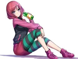 Rule 34 | 1girl, black jacket, blush, bottle, closed mouth, commentary request, green pants, holding, holding bottle, jacket, long sleeves, looking at viewer, love live!, love live! school idol festival, medium hair, nishikino maki, pants, pink footwear, pink jacket, pink skirt, purple eyes, red hair, shadow, shoes, simple background, sitting, skirt, smile, solo, striped clothes, striped pants, tonee, white background
